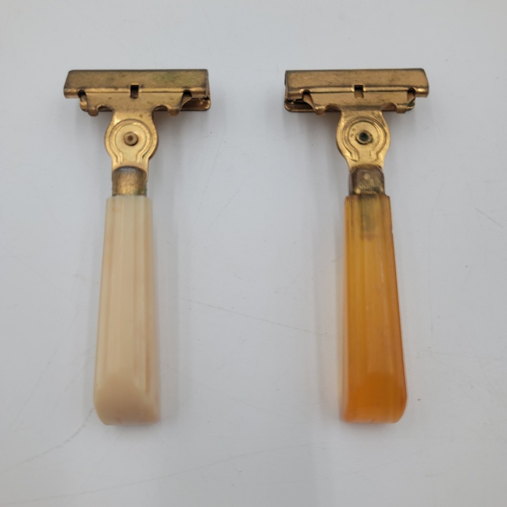 Vintage Schick Eversharp Injector Razors Set of 2 Amber Cream Bakelite Handles